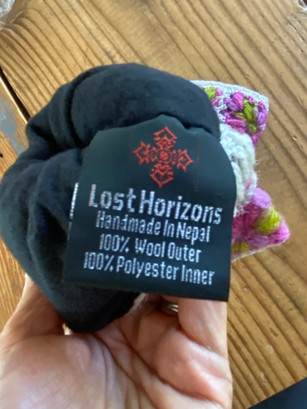 NEW Lost Horizons Nepal Wool fingerless gloves Pink Purple Green Crochet floral